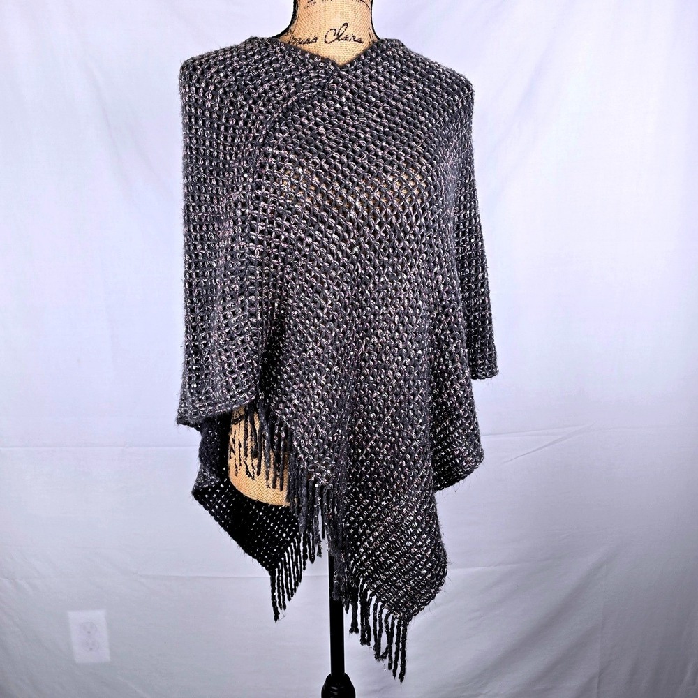 Chunky Knit Sparkle Fringe Poncho Shawl Wrap Dark Gray Silver O.S